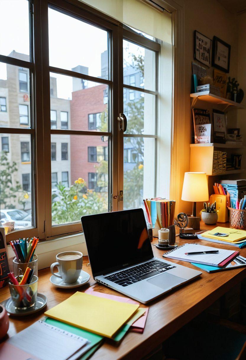 A cozy workspace with a laptop open to a blog editor, surrounded by colorful stationery, a steaming cup of coffee, and inspirational quotes on sticky notes. In the background, a diverse group of bloggers discussing ideas, creating a vibrant community atmosphere. Soft natural light streaming through a window, bringing warmth to the scene. cartoon style, vibrant colors, inviting and inspirational.