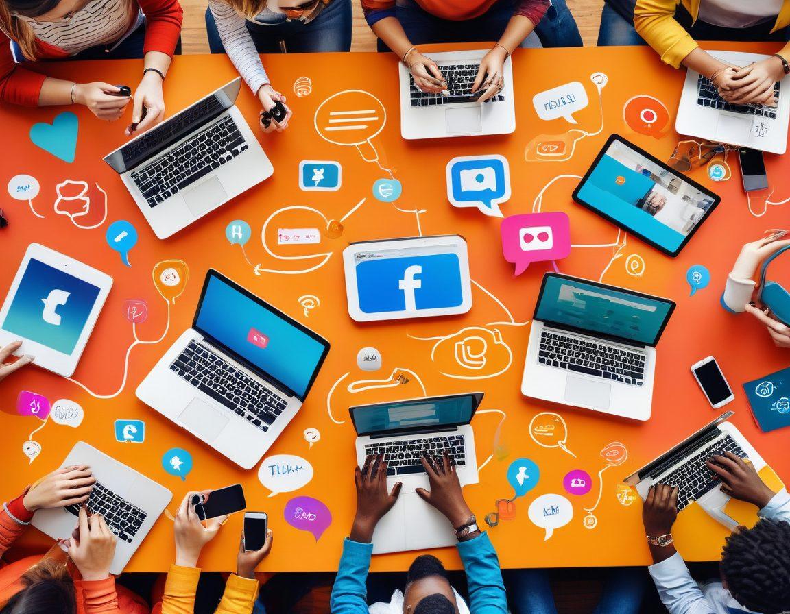 A lively and diverse group of bloggers gathered around a digital table, engaging in animated discussions with laptops and smartphones. Bright colors represent the different blog themes, while speech bubbles float overhead illustrating their ideas. In the background, there's a visual representation of growing connections like vines linking blogs together. Include icons of social media and community symbols. vibrant colors. 3D.