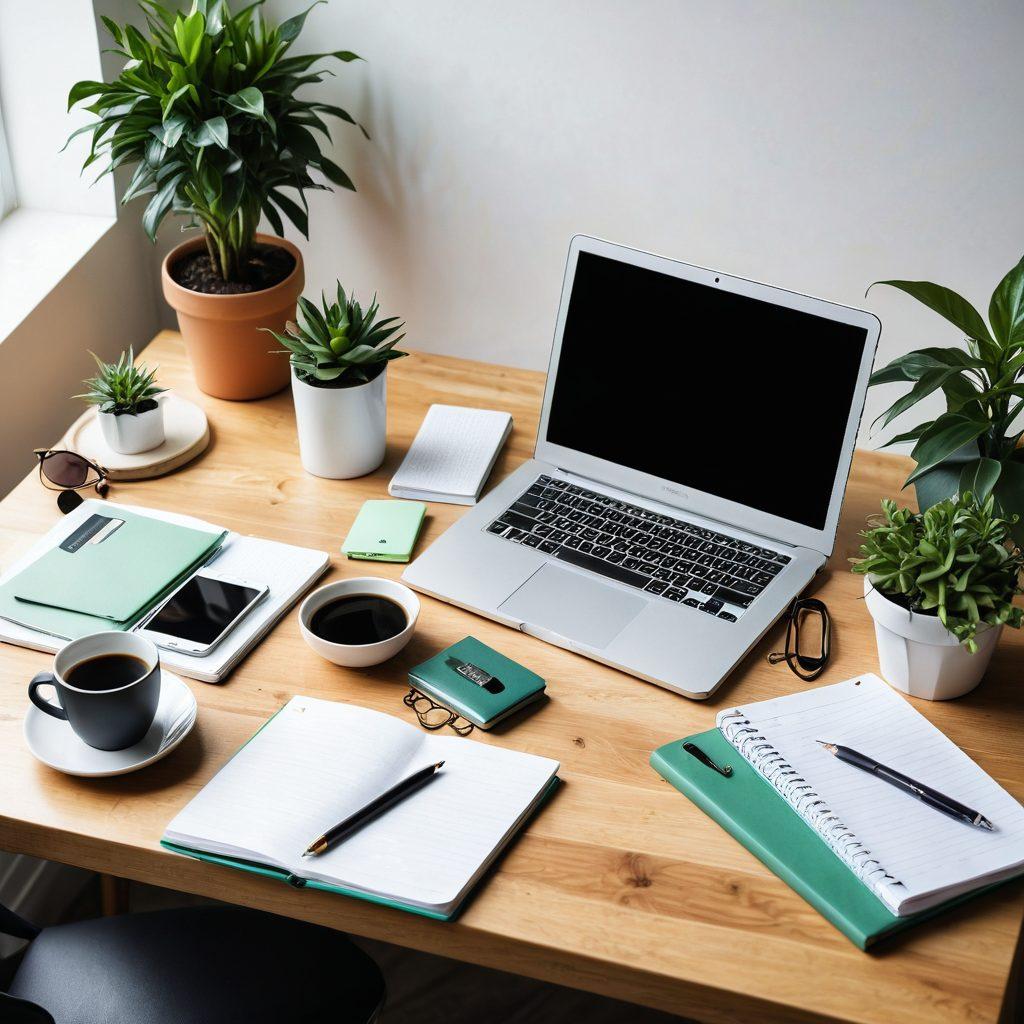 A sleek workspace showcasing essential blogging tools like a laptop, smartphone, and notebooks, surrounded by inspiration visuals such as a coffee cup, plants, and colorful stationery. The scene should have a warm, inviting light that highlights creativity and productivity, symbolizing a digital publishing journey. Modern and stylish elements should be present, blending a sense of organization and artistic flair. super-realistic. vibrant colors. bright background.
